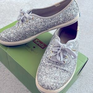 kate spade Silver Glitter Ribbon Lace Sneakers